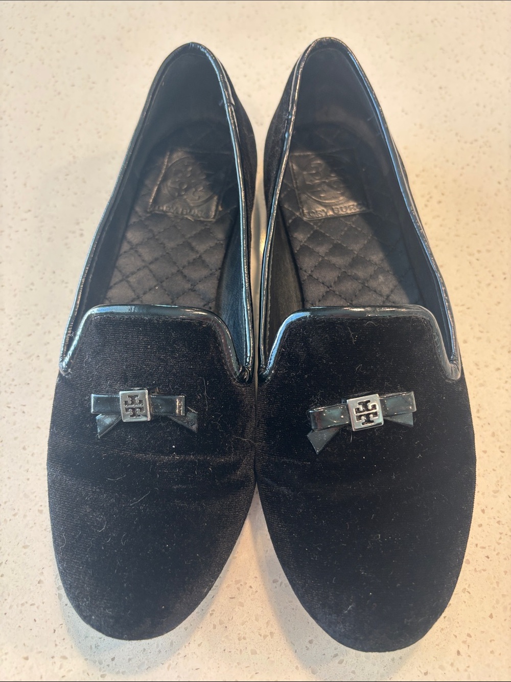 Tory Burch Black Velvet Bow Loafers with Logo Accent